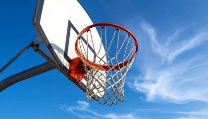 Low-angle shot of basketball hoop against vivid blue sky