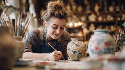 Young Artist Painting Beautiful Designs on Pottery in Studio