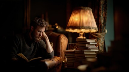 Thoughtful Man Reading Book in Cozy Living Room Setting at Night