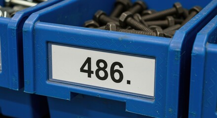 Blue bin with bolts and white label with the number 486 in an indoor storage setting