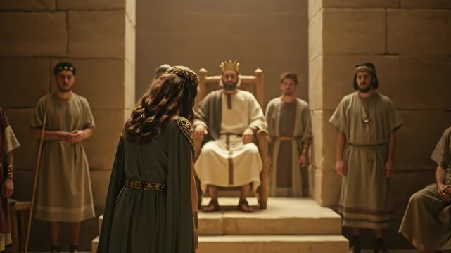 Woman with ornate crown performing a graceful bow before a king and court in a biblical setting, footage