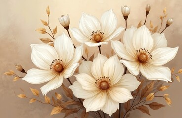 Obraz premium Vintage style drawing features white flower bouquet with gold leaves. Floral theme art backdrop is perfect for invitation cards and wallpaper use for designer as gentle wall decor element.