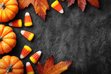Halloween Candy Corn and Pumpkins on Dark Background