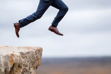 Close up, A businessman leaping from one cliff to another, concept of risk