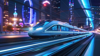 Fototapeta premium Futuristic High-Speed Train in Neon-Lit Cityscape at Night