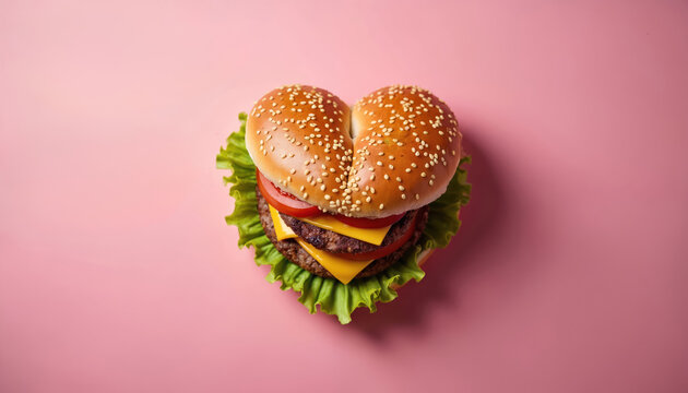 Heart shaped cheeseburger on pink backdrop. The burger contains sesame bun lettuce cheese tomato and beef. Food photo for cafe menu Valentine Day or romantic design.
