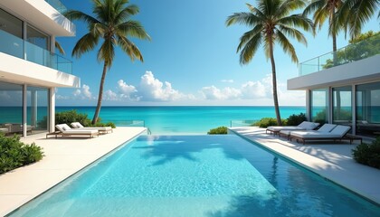 Modern oceanfront villa features a pool palm trees and lounge chairs. Clear blue sky and turquoise water of sea visible. Luxurious house with vacation vibes perfect for real estate or travel content.