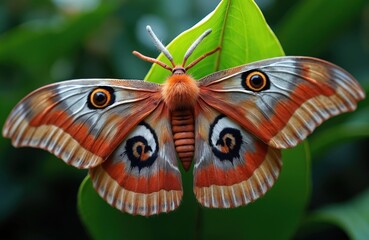 Cecropia moth resting on green leaf. This photo features a large colorful insect with detailed wing patterns. It is a macro shot of nature and wildlife in USA woodlands.