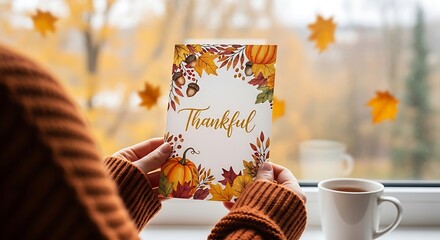 Thankful Card, Autumn Scene, Cosy Day Indoors, Fall Card Message