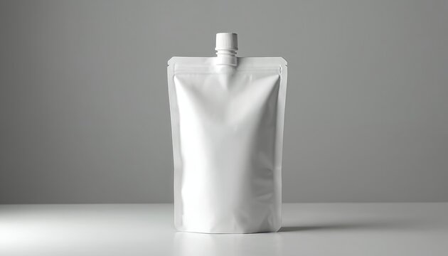 White spout pouch on white table with grey background. Minimalist package for liquid food, drink, or supplements. Ready for product branding, advertising, and retail.