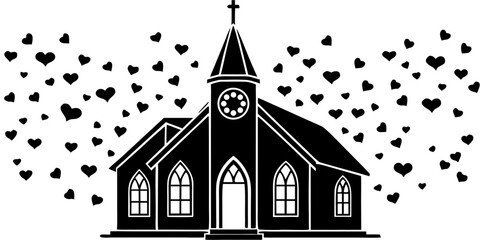 Wedding Church with Hearts Silhouette Vector Icon