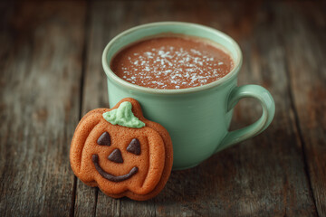 Hot Chocolate with Pumpkin Cookie on Wooden Table