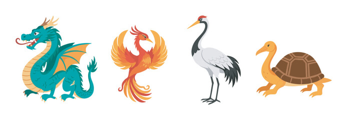 Fototapeta premium Stylized animal designs with a green dragon, vibrant orange phoenix, elegant white crane, and contemplative brown tortoise showcasing mythical and natural symbolism.