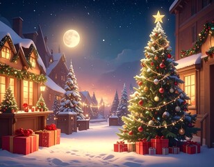 A snowy town square illuminated by a full moon and Christmas decorations. A decorated tree with gifts sits center