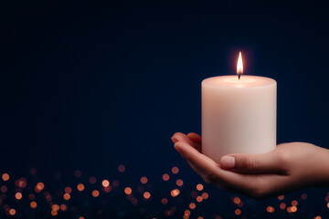 Hand Holding a White Candle with Bokeh Lights