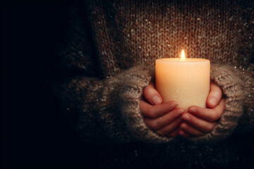Hands Holding a Candle in Darkness