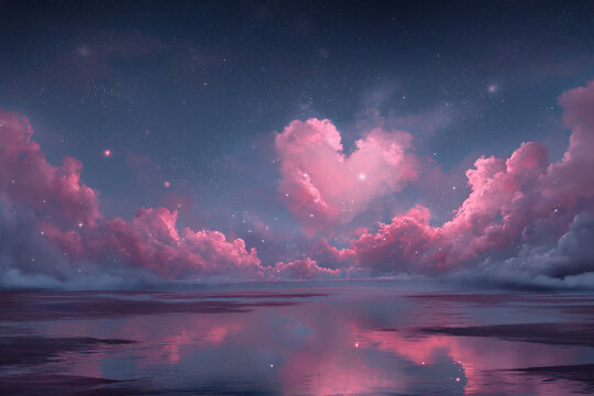 Pink Cloud Sunset Over Calm Horizon With Soft Purple Sky, Dreamy Evening Atmosphere