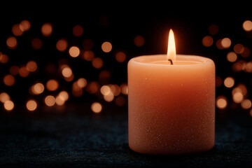 Burning Candle on Table with Warm Glow