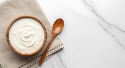 Creamy Yogurt in Wooden Bowl on Marble Background with Spoon