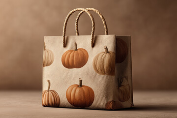 Kraft Paper Bag with Pumpkin Pattern on Beige Background