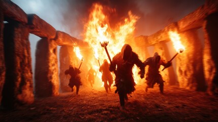 Obraz premium A haunting depiction of figures moving through flaming ruins, creating a captivating scene that evokes a sense of urgency and ancient rituals shrouded in mystery.