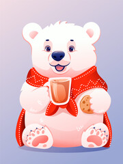 Polar bear with hot chocolate and cookies
