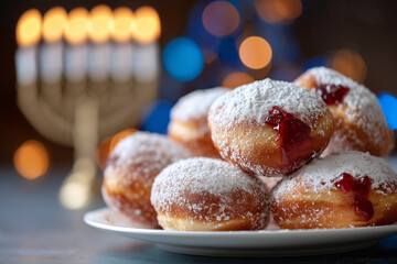 Homemade sufganiyot (jelly donuts) on plate dusted with powdered sugar, festive table setting, glowing menorah in background, 