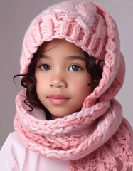 A young girl with dark curly hair and light eyes is wearing a matching pink knitted hat and scarf. She is looking directly at the camera.