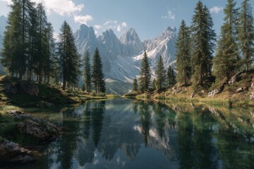 Serene alpine lake reflecting jagged peaks and evergreen forest