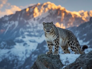 Fototapeta premium Majestic snow leopard surveys its icy mountain kingdom at golden hour, embodying wild beauty and elusive grace in a breathtaking natural habitat.