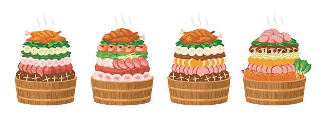 Four steaming traditional korean hot pots stacked with various meats, vegetables, and seafood in wooden containers.