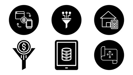 Set of five white line art icons representing technology and data flow silhouette isolated on transparent background