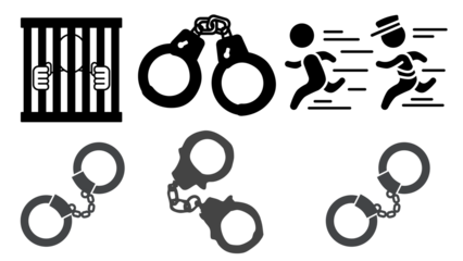 Three pairs of handcuffs and two glowing eyes silhouette isolated on transparent background