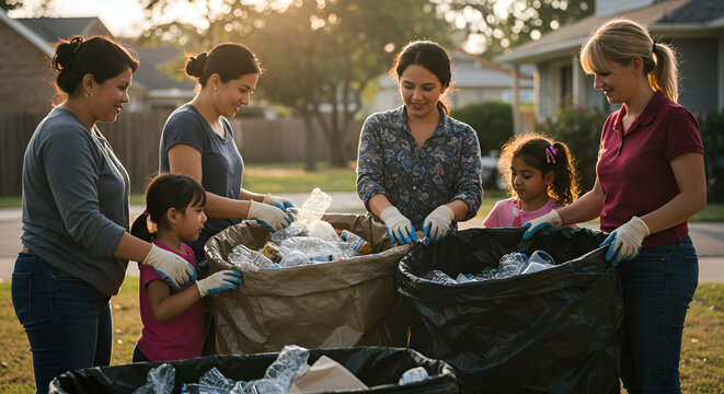 Community volunteers of diverse ages and ethnicities enthusiastically sort recyclables together outdoors during golden hour, fostering environmental stewardship and neighborhood pride. - Powered by Adobe