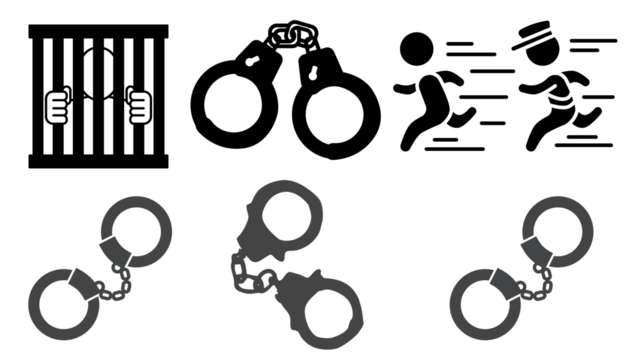Three pairs of handcuffs and two glowing eyes silhouette isolated on transparent background - Powered by Adobe