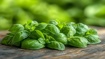 Obraz premium Fresh green basil leaves on rustic wooden table