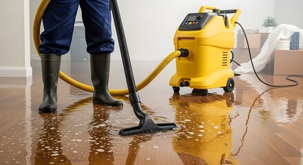 Flood Damage Restoration Cleaning Flooded House with Water Vacuum Cleaner