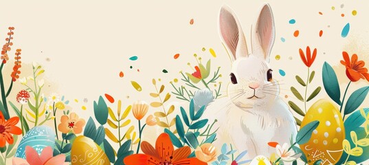 Joyful Easter Poster with Bunny, Eggs, and Flowers for Children's Egg Hunt