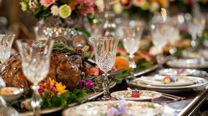 Naklejka premium Luxurious Easter Dinner Table with Crystal Glasses and Spring Flowers