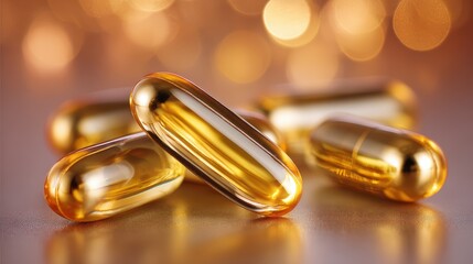 Luxurious Golden Nutritional Supplement Capsules Macro Photography