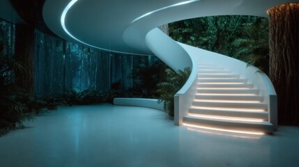 An elegant spiral staircase winds through a lush green landscape, blending contemporary design with nature's beauty and creating an inviting atmosphere for exploration.