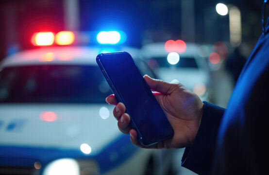 Person holds smartphone near police car with flashing lights at night. Hand uses mobile device. The image highlights tech related to emergency services. Detective uses a phone to solve crime.