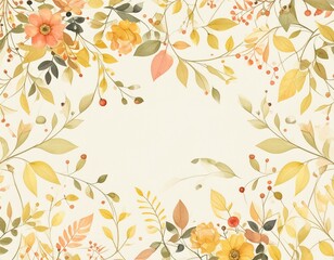 a floral arrangement with flowers and foliage in shades of yellow, orange, and green, framing a central blank space. The design creates a decorative border or frame.