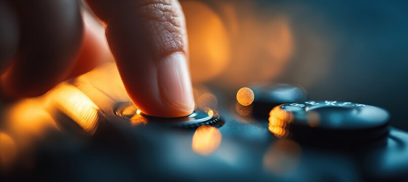 Macro Shot of Finger Pressing Camera Shutter Button with Glowing Background