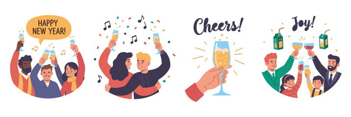 Fototapeta premium Diverse group of people celebrating new year's with raised glasses, music, and confetti, expressing joy and cheerfulness.