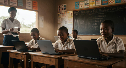 Eager African students joyfully learn digital skills with laptops in a bright, modern classroom, guided by a smiling teacher, embracing future opportunities through technology education.