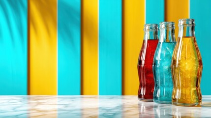 An eye-catching display of colorful glass bottles against a bright, modern background, exploring themes of creativity, freshness, and playful experimentation in design and marketing.