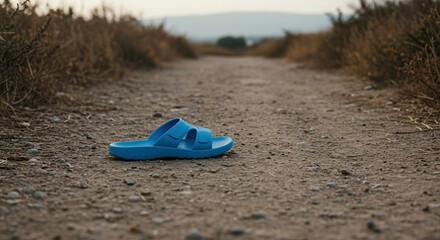 Blue sandal on dirt road nature scene with open pathway and neutral colors