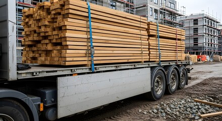 Transportation of Lumber Delivery Truck Carrying Wood at Construction Site