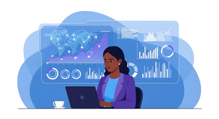 Businesswoman analyzing data on a futuristic digital dashboard with graphs and a world map.